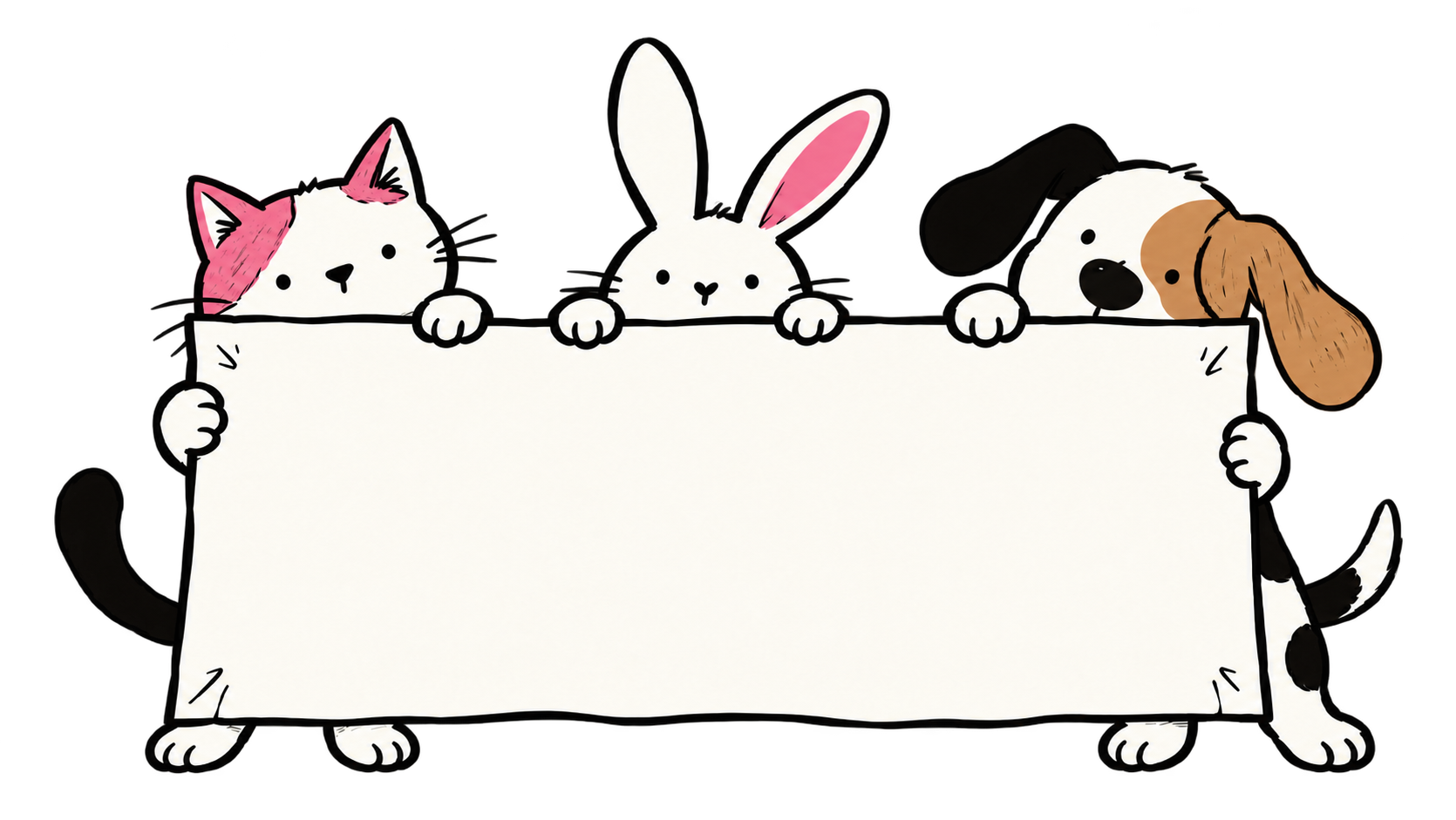 A cat, rabbit and dog holding your photo upload sign